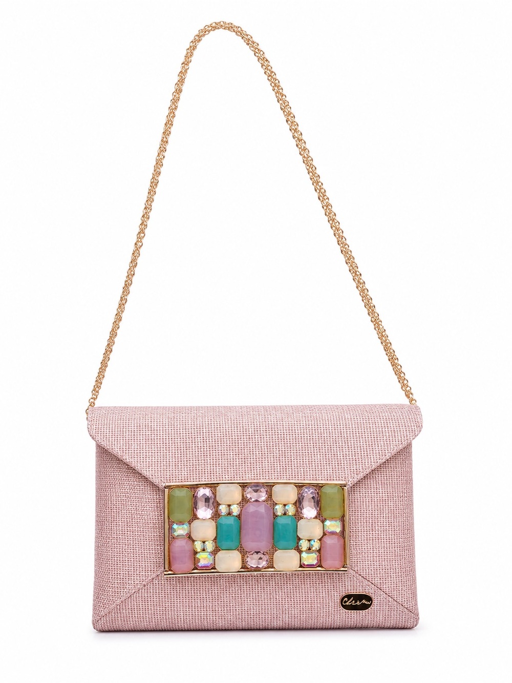 Pink Jeweled Envelope Clutch with Gold Chain